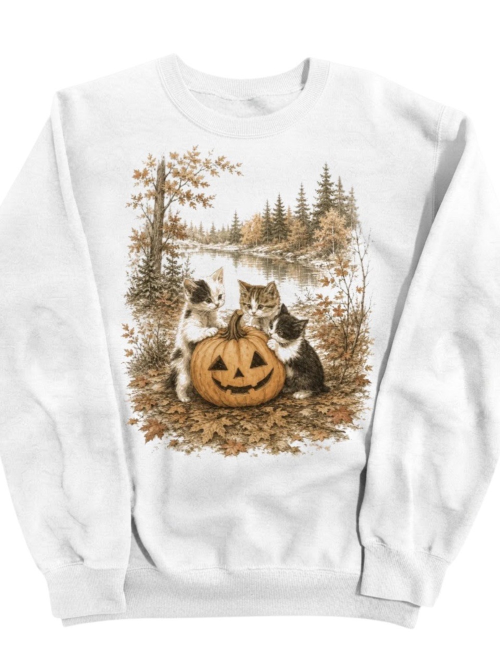 Gildan White Sweatshirt with Autumn Kitten Pumpkin Graphic, Gift For Her, Him